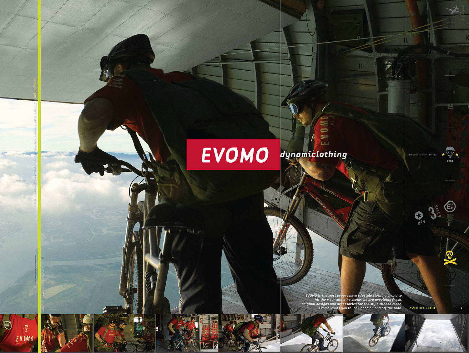 evomo mountain bike clothing sky diving mountain bikers advertising photo by bryan thombs shot on nikon